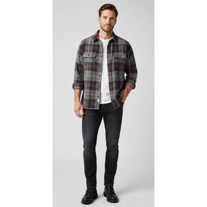 7 Diamonds Mens Generation 4-Way Stretch Flannel Shirt Plaid Charcoal Burgundy L